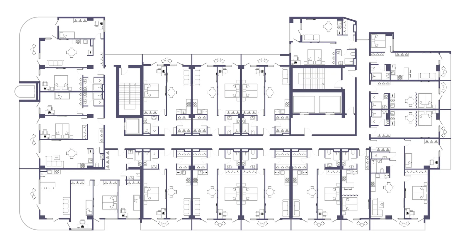 The typical floor: sixteen apartments along two corridors and two lift cores