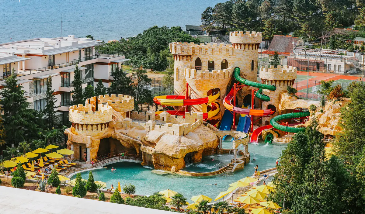 The water park castle with its slides on the resort grounds