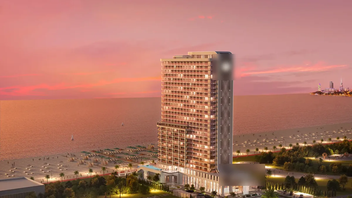 Developer rendering: the whole complex from the air, the beach, the pool by the entrance, the park and the tower